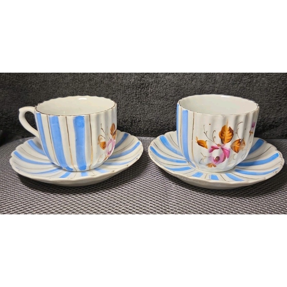 Antique Striped Floral Tea Cup & Saucer Sets Made In Germany Hand-painted